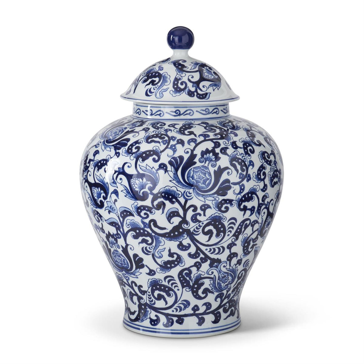 Blue and white ceramic lidded container with chinoiserie patterns