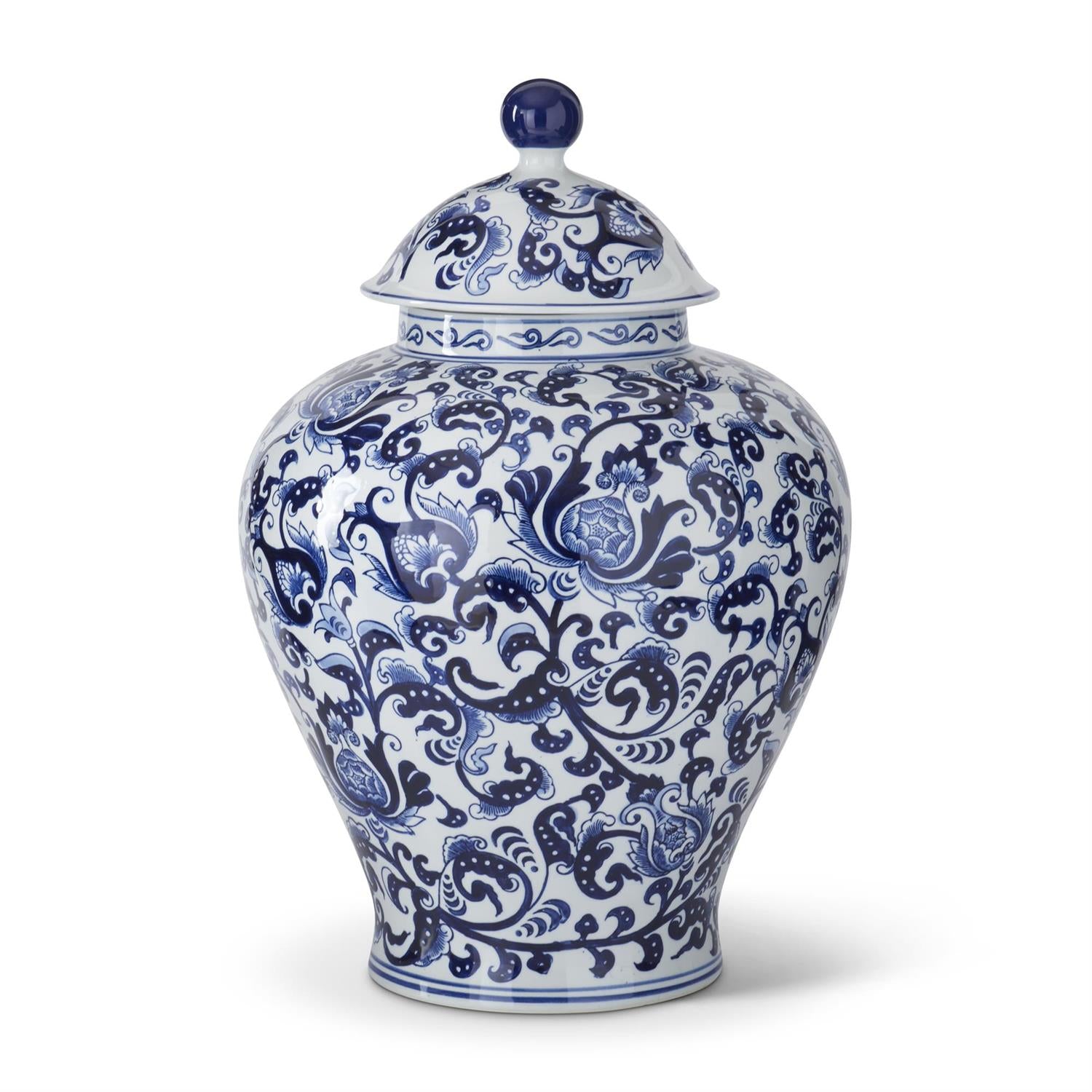 Blue and white ceramic lidded container with chinoiserie patterns