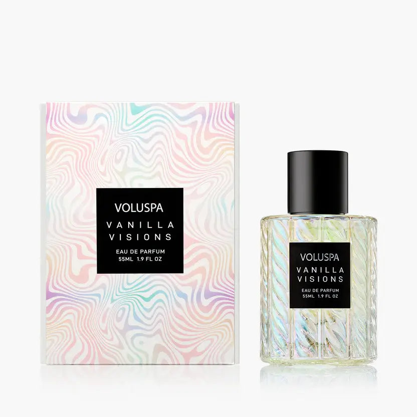 Glass bottle of Vanilla Visions Eau De Parfum with a white cap.