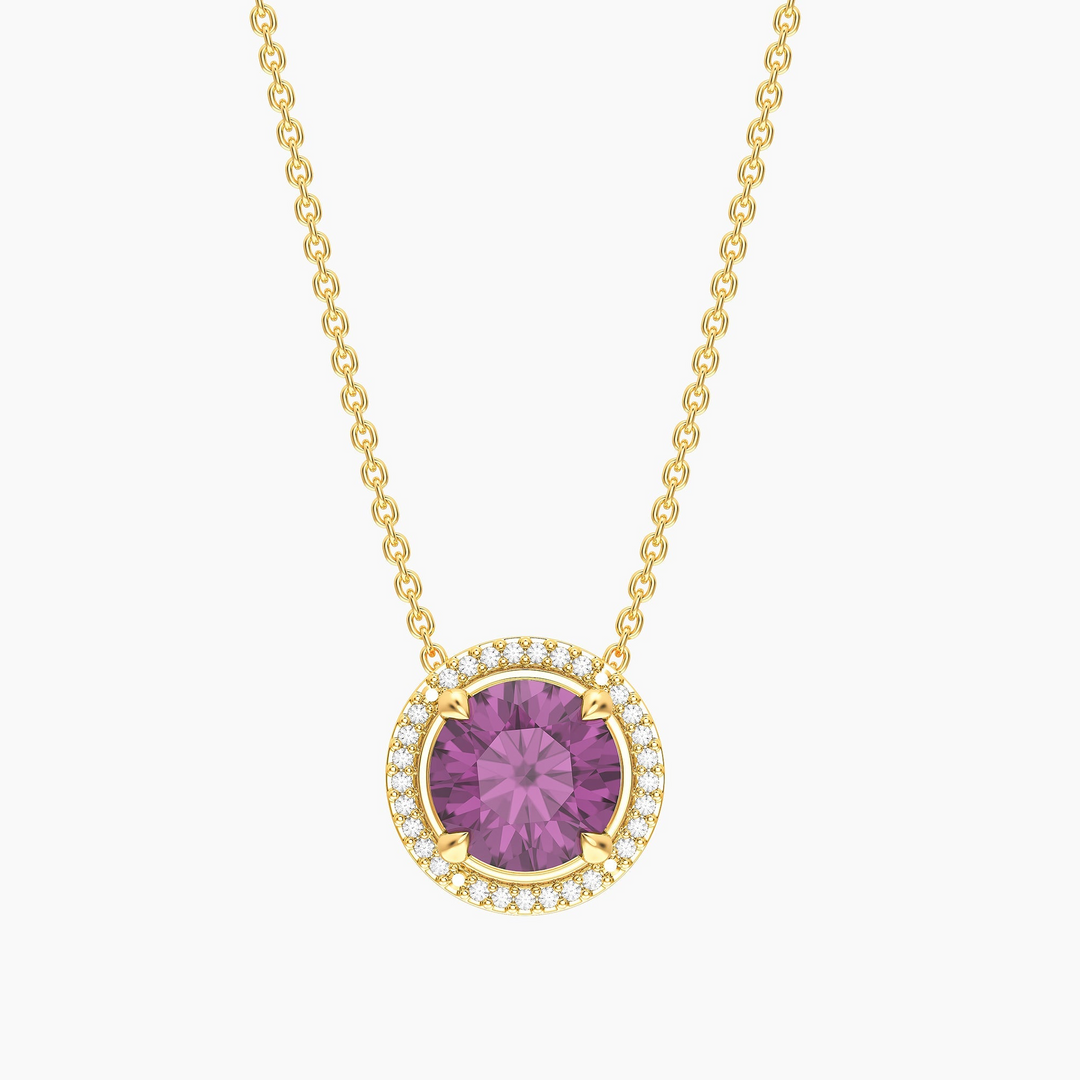 Gold-plated birthstone pendant necklace with a round purple center stone and diamond halo.