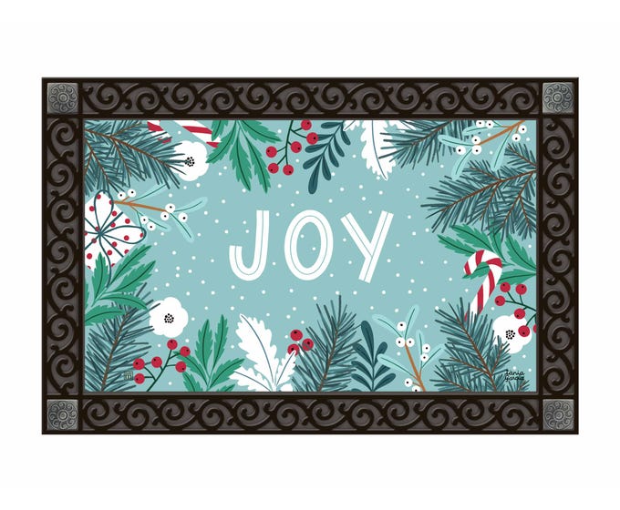 Interchangeable Christmas Joy matmate with non-slip recycled rubber backing in festive red and green pattern.