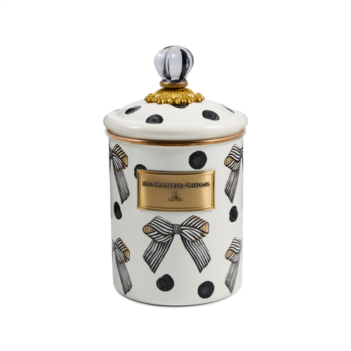 Pretty as a Bow Medium Canister with black and white bows, polka dots, and a gold-tone lid knob.
