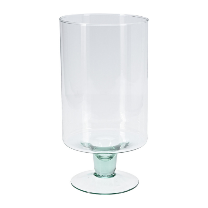 Transparent recycled glass vase on a footed base with modern sculptural shape