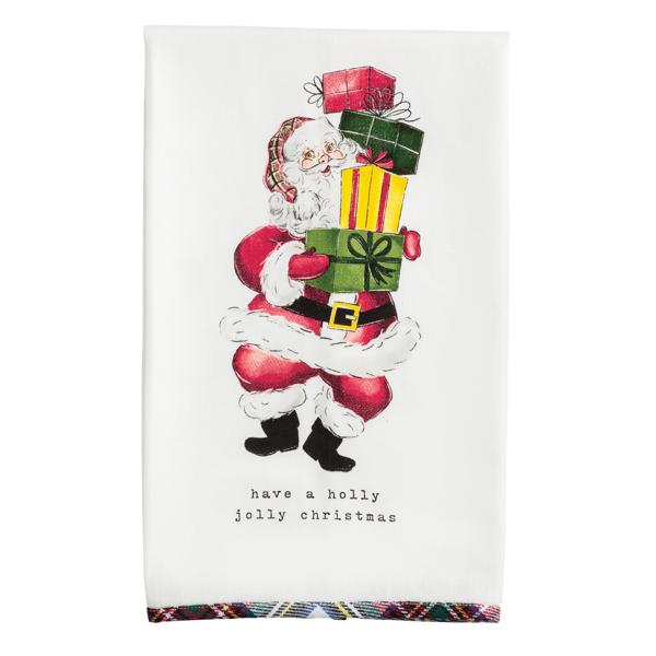 Flour sack towel with Santa sleigh print and tartan trim in red cotton