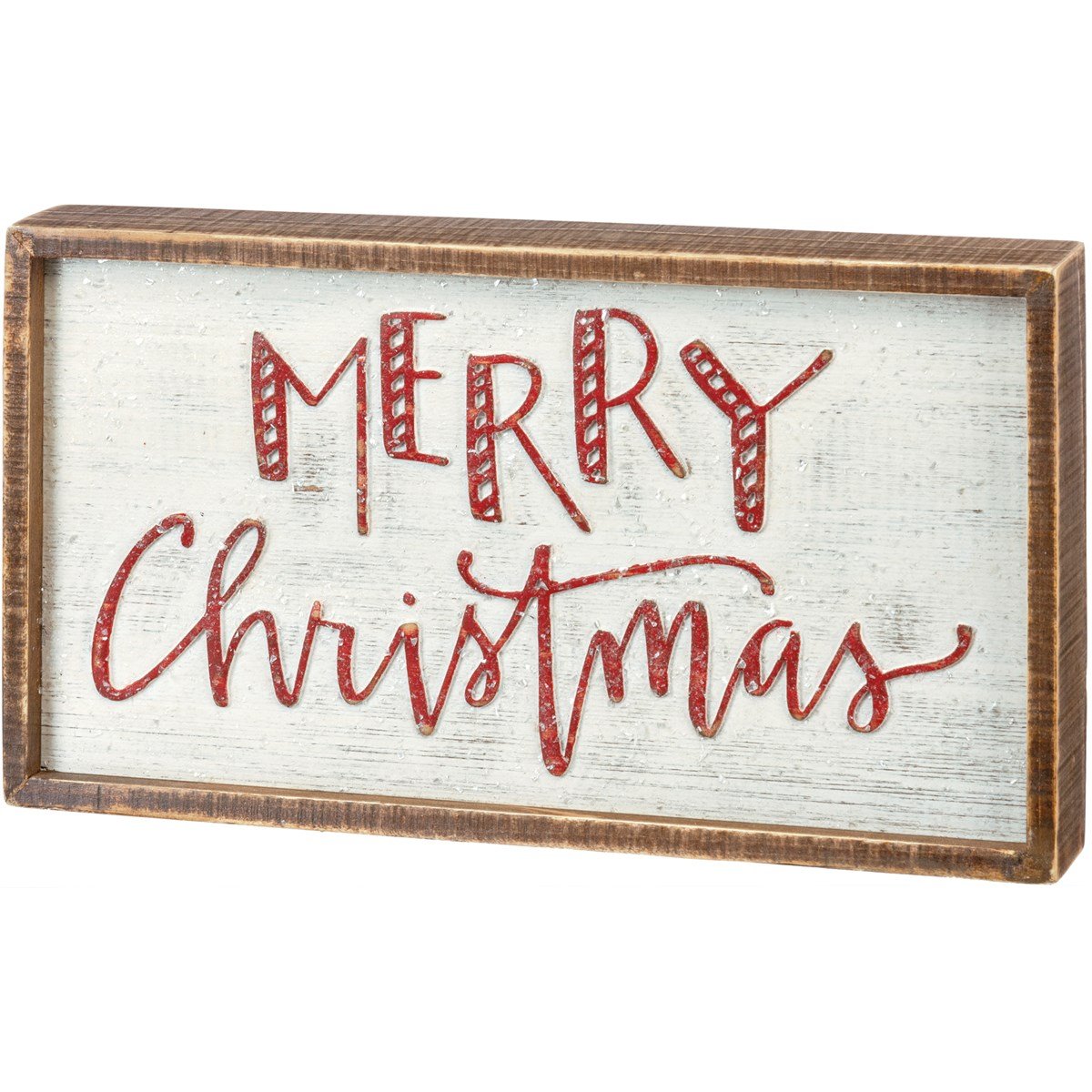 Wooden inset box sign featuring red 'Merry Christmas' text on a white distressed background.