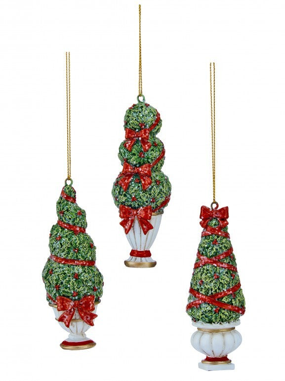 Three assorted 4-inch resin potted topiary ornaments with green foliage, red bows, and white pots.