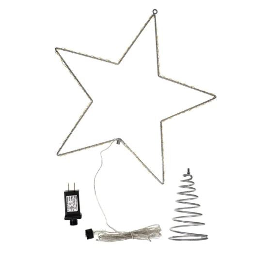 Silver metal wire star treetop with warm white LED lights on an 118-inch silver plug-in lead.