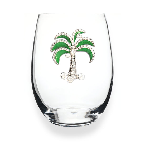 Handcrafted stemless wine glass with jeweled embellishments around the bowl rim in clear crystal.