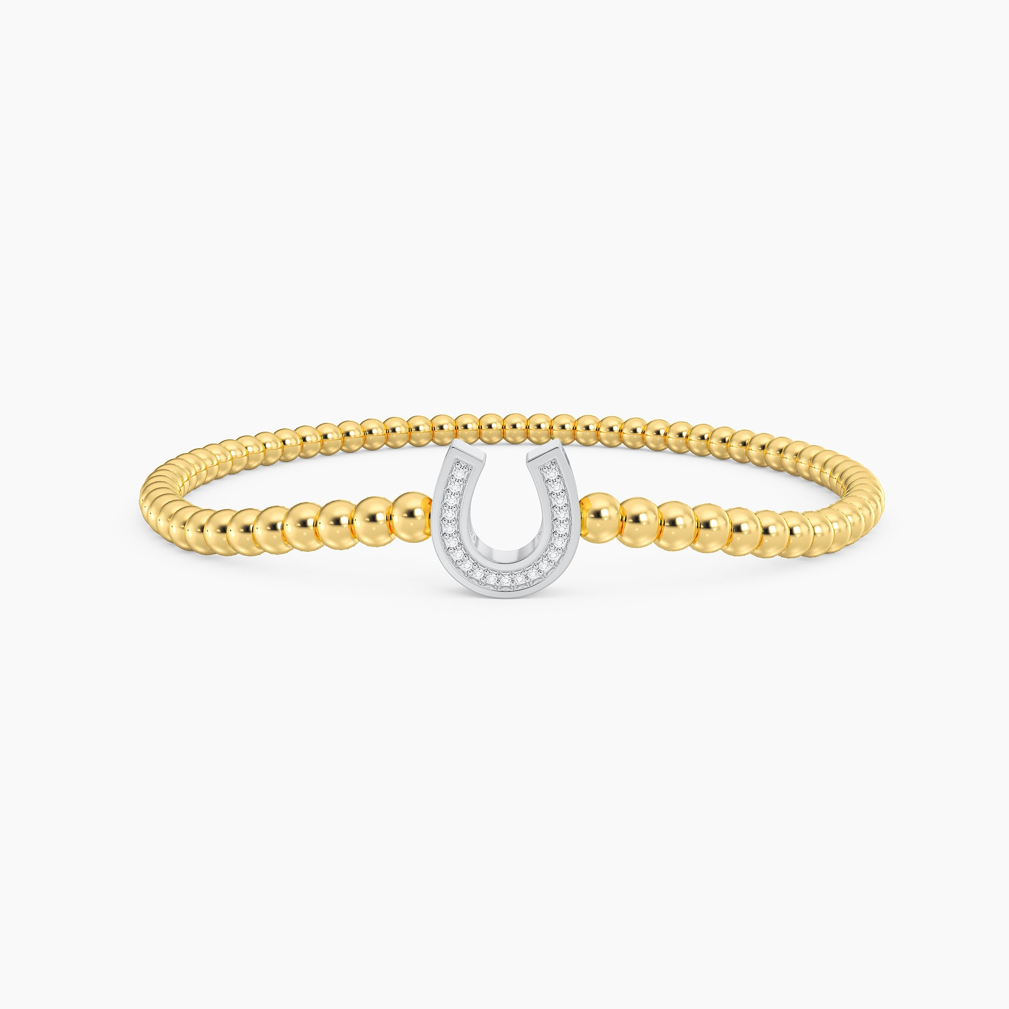 Lucky Horseshoe Beaded Bracelet featuring gold beads and a diamond-encrusted silver horseshoe charm.
