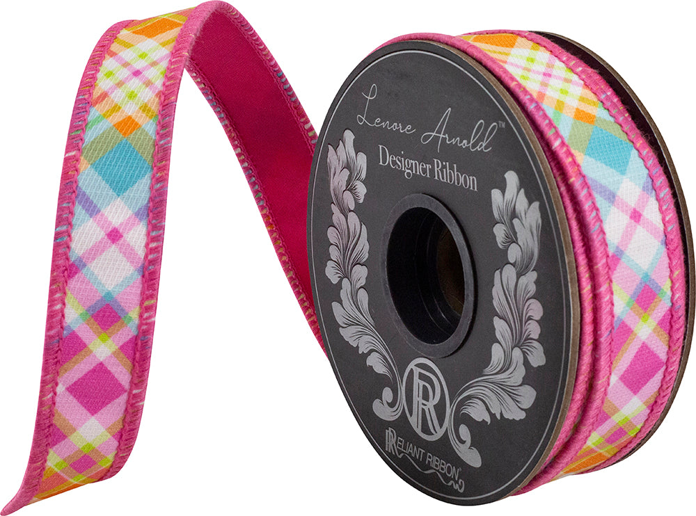 Bright plaid diagonal wired edge ribbon with deluxe backing in polyester.