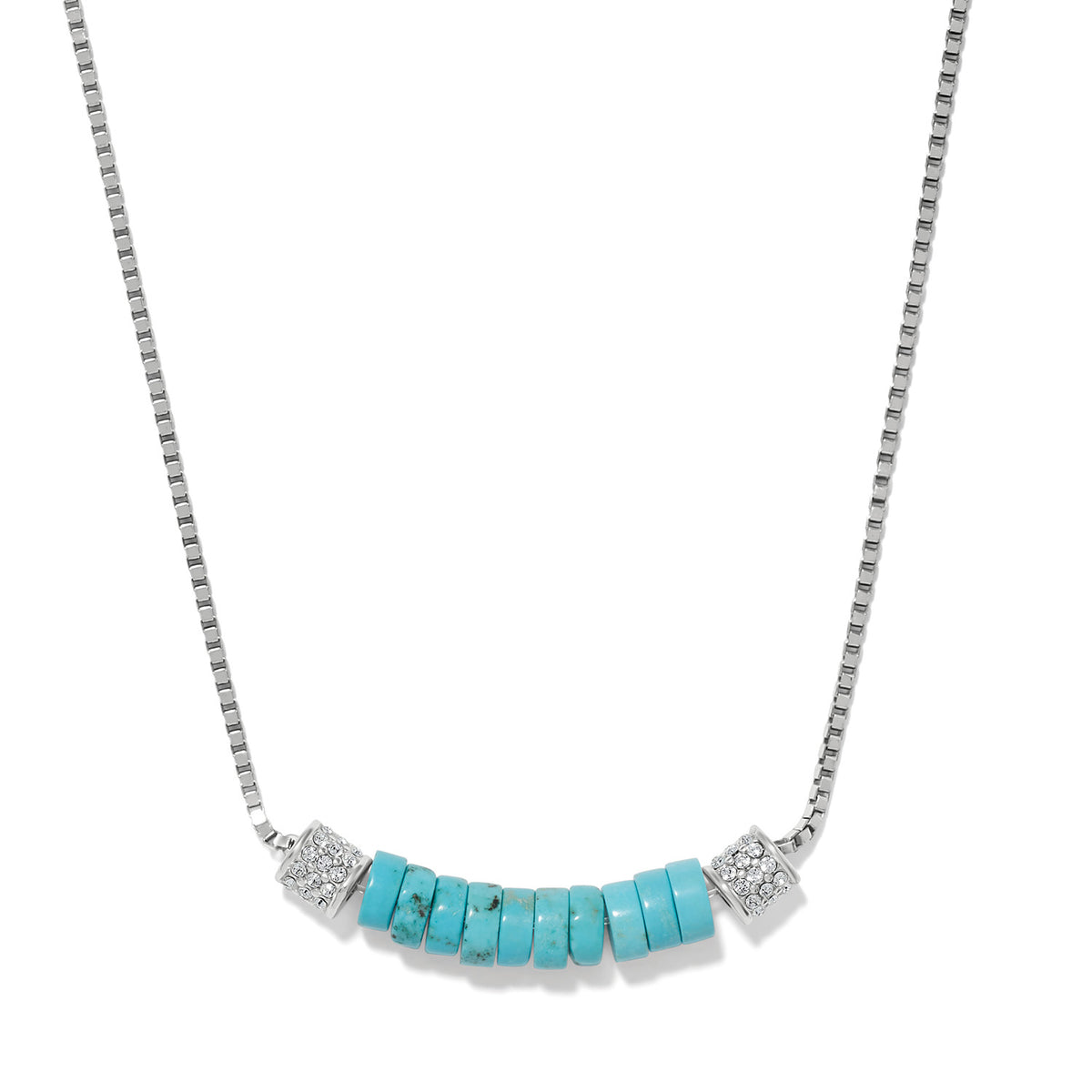Silver-plated box chain necklace with turquoise disc beads and crystal-encrusted stations.
