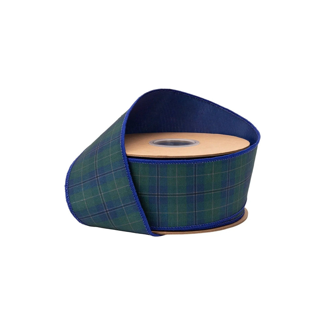 2.5-inch wired dupioni ribbon with a blue and green classic plaid pattern and solid blue backing.