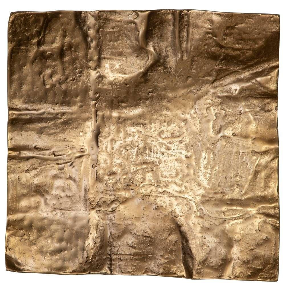 Square handcrafted cast aluminum wall decor with a heavily textured organic shape in brass finish.