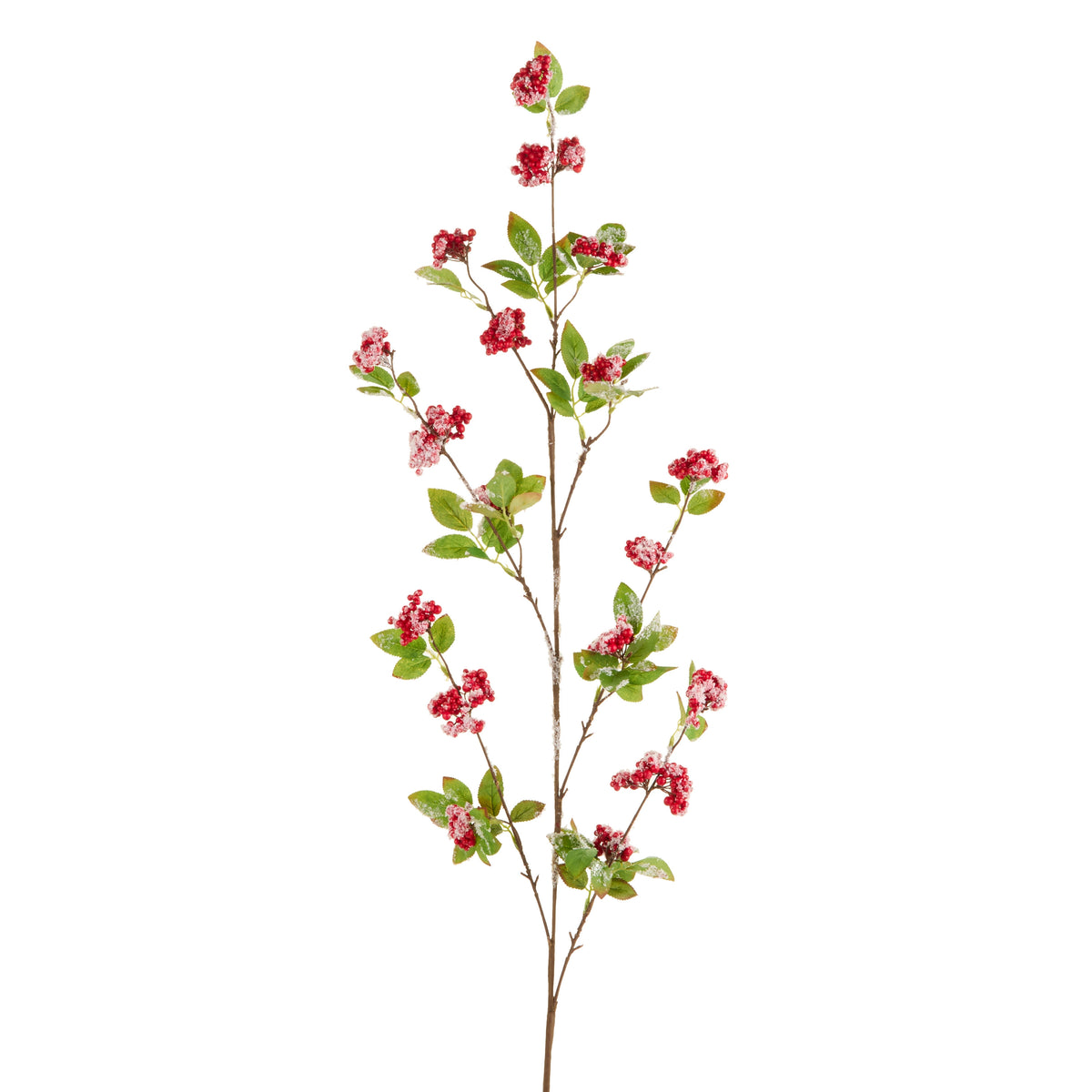 39-inch artificial snowy red berry branch with green leaves on a brown stem.