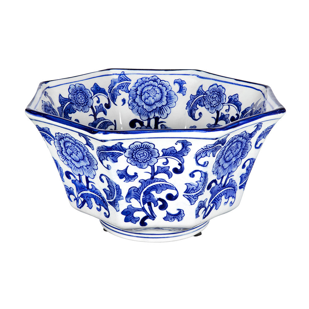 Ren Blue and White octagonal porcelain centerpiece bowl with floral patterns.