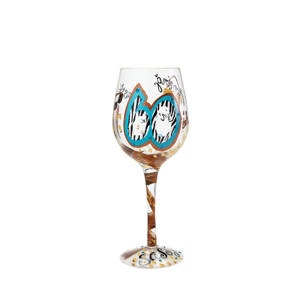 Hand-painted Lolita wine glass with glitter accents on a blown glass base featuring cocktail recipe text.
