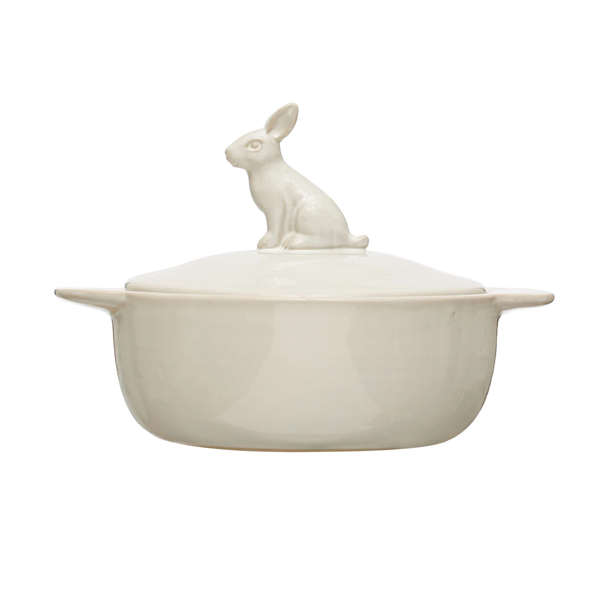 White stoneware 4-cup baker with rabbit finial handle