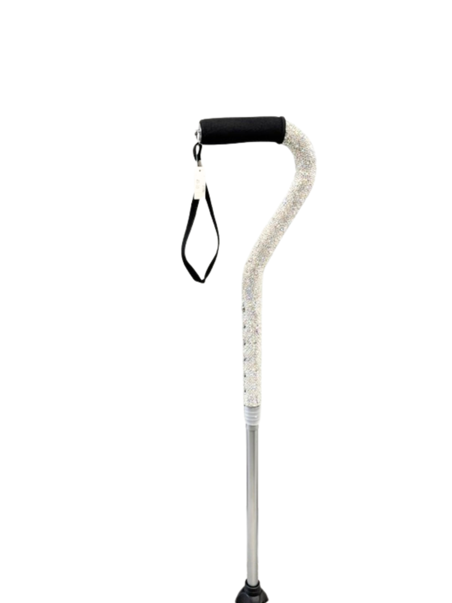 Adjustable walking cane with a silver rhinestone-covered shaft and a black foam grip handle.