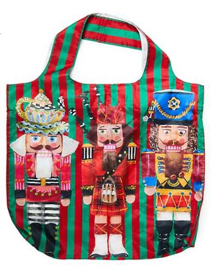 Nutcracker To Go tote featuring three nutcracker characters on a red and green striped background.