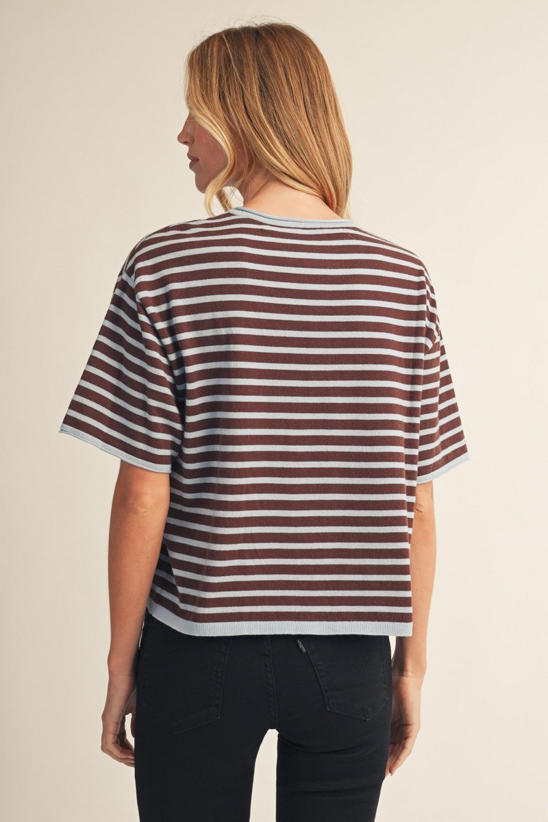 Back view of a woman wearing a brown and light blue striped short-sleeve lightweight sweater top.