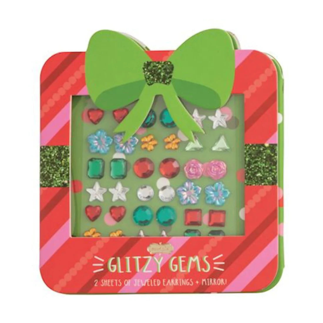 Christmas Glitzy Gems sticker earrings set in a festive red and green tin with a large green bow.