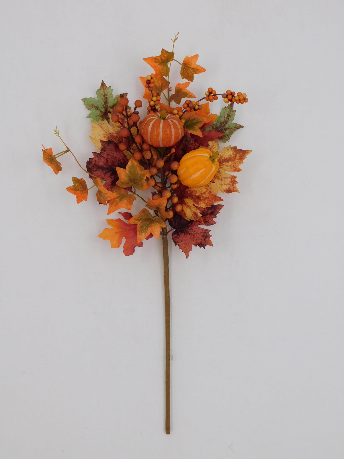 30-inch autumn spray with orange pumpkins, colorful fall leaves, and berry clusters on a brown stem