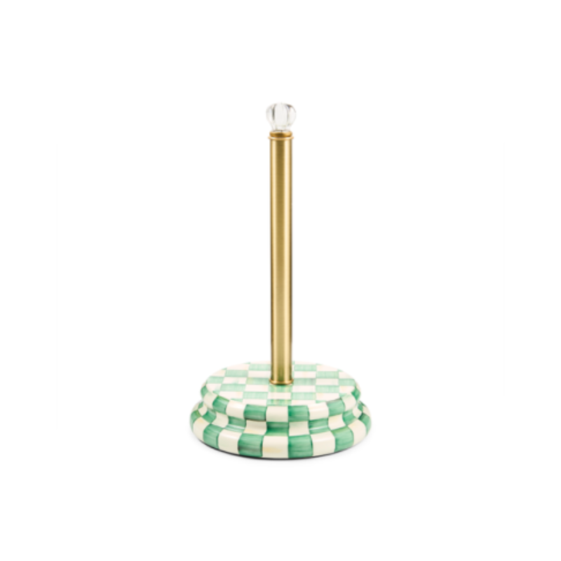 Emerald green and white checkered paper towel holder with a gold-tone post and glass knob.