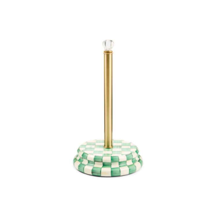 Emerald green and white checkered paper towel holder with a gold-tone post and glass knob.