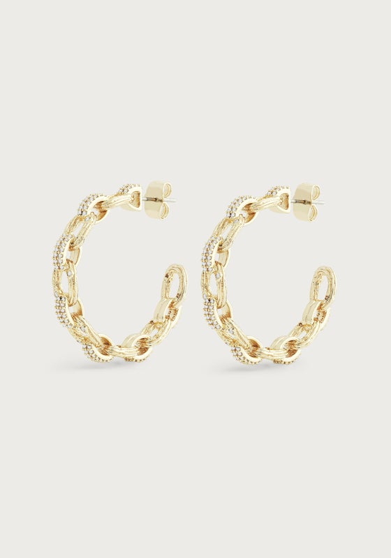 Gold-plated chain hoop earrings with twig-textured links and shimmering crystal accents.