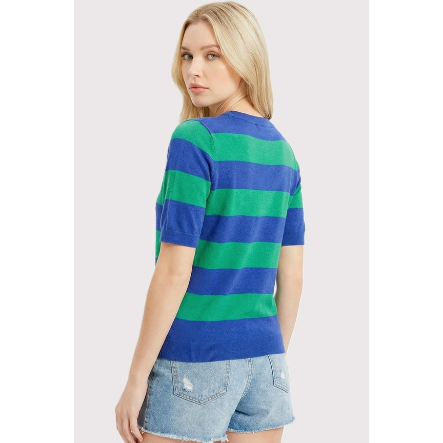 Back view of a woman wearing a blue and green horizontal striped short sleeve crew neck sweater.