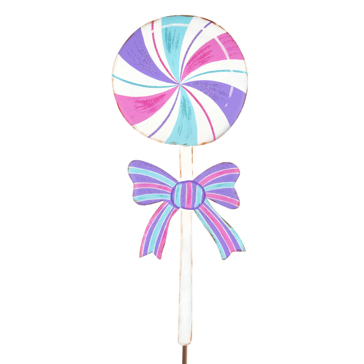 Pretty pastel lollipop garden stake with a colorful swirl top and a striped bow on a white stick.