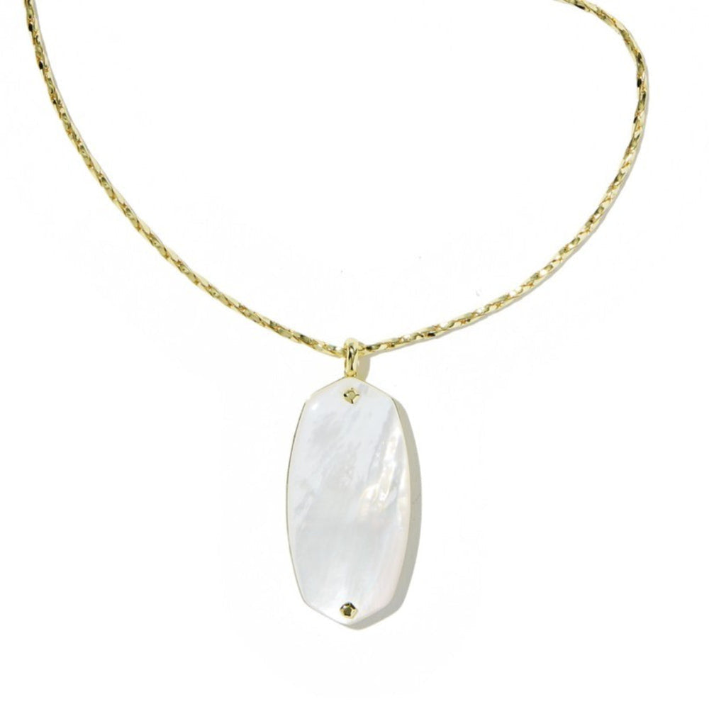Danielle Riveted Long Pendant Necklace with a white mother-of-pearl stone and gold chain.