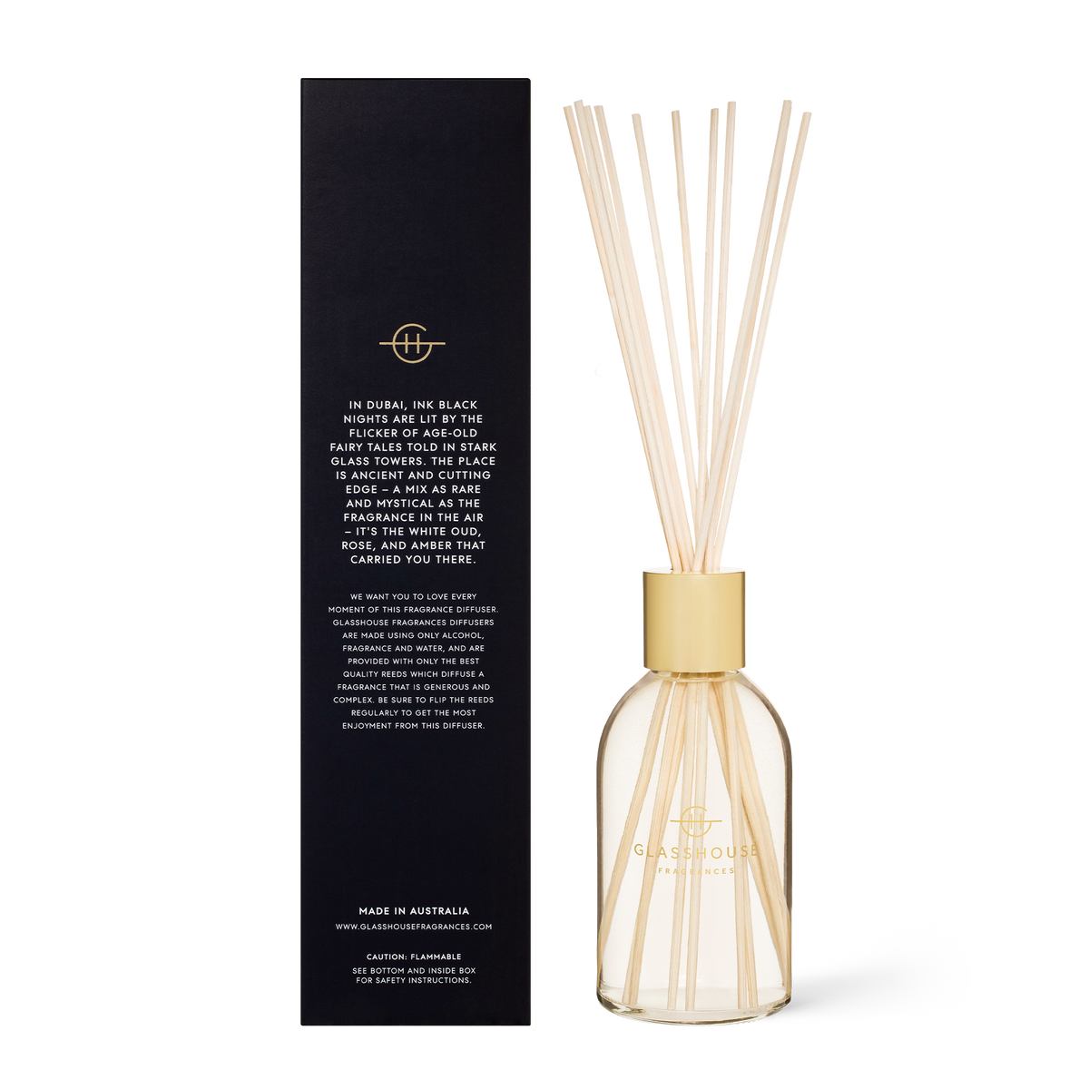 8.4 fl oz Arabian Nights diffuser with dark bottle, gold reeds, and white cap.