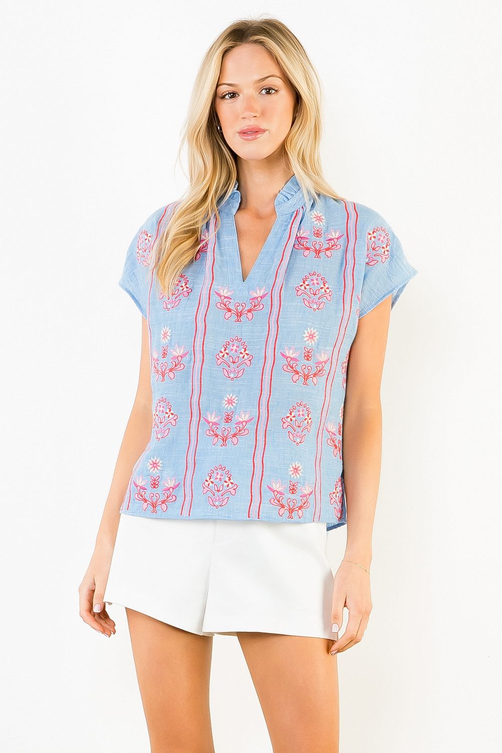 Ruby Flower Embroidered Textured Top
