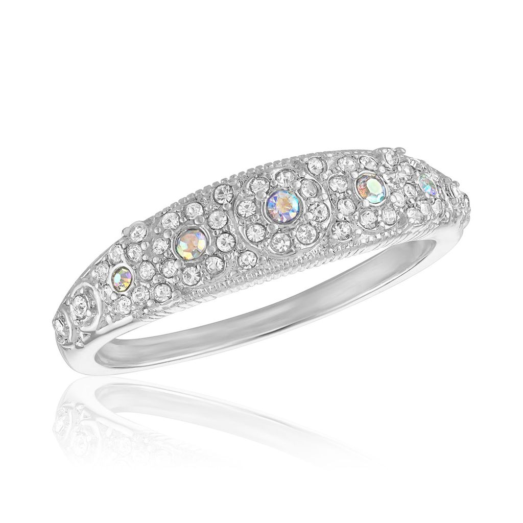 Vintage-style silver stack ring with intricate milgrain detailing and shimmering CZ accents.