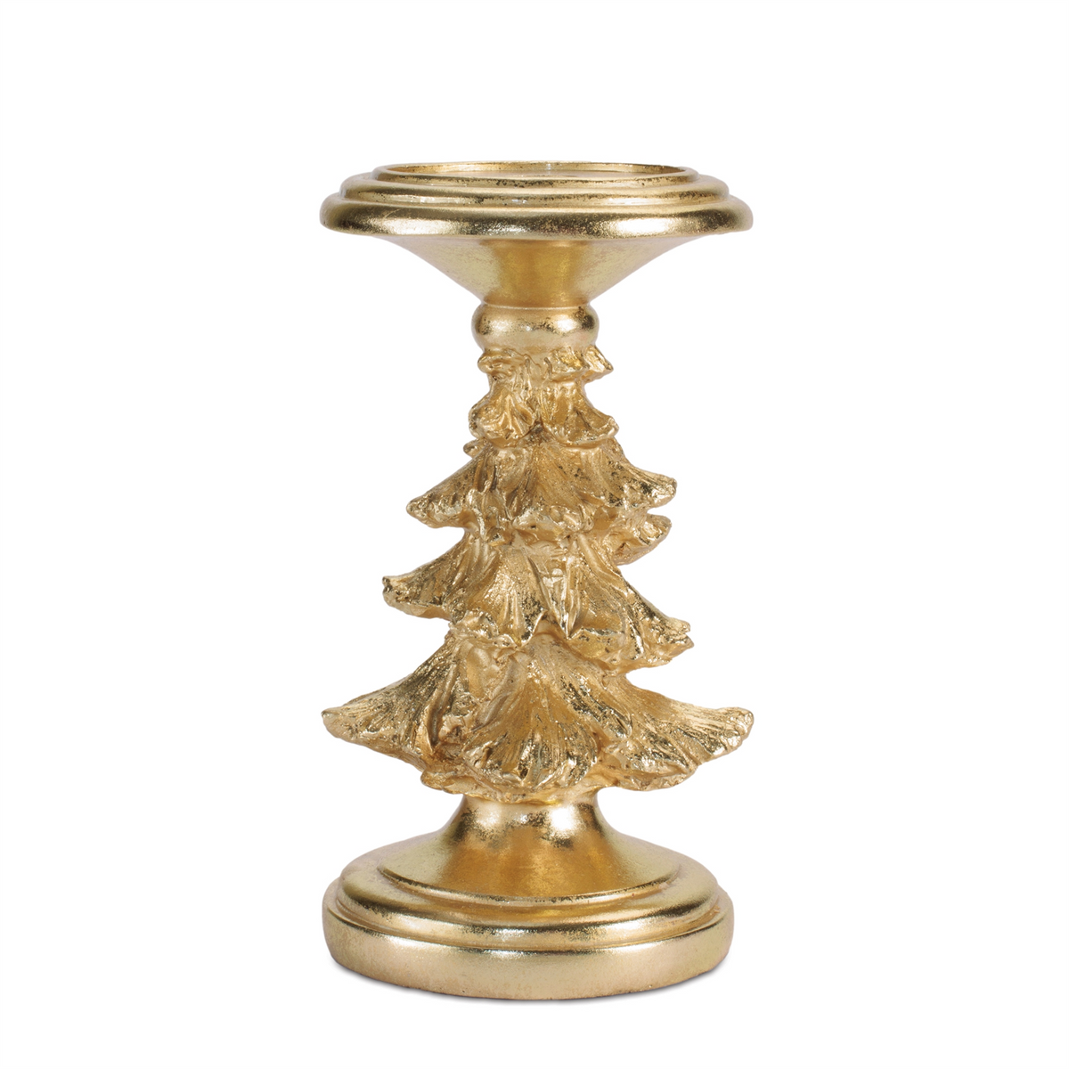 Gold resin Christmas tree candle holder with a textured evergreen design and a pedestal base.
