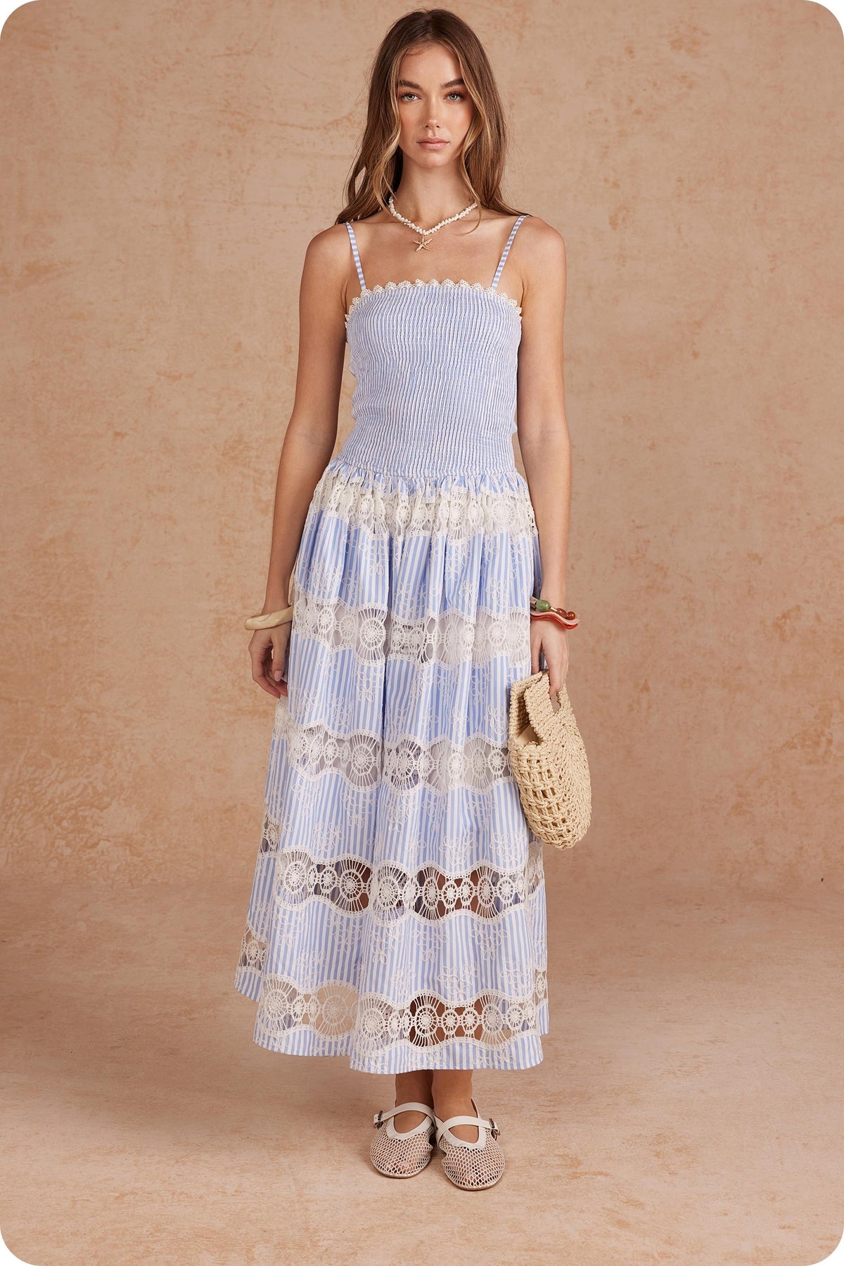 Annie Embroidery Stripe Sleeveless Long Dress with smocked bodice and crochet lace inserts.