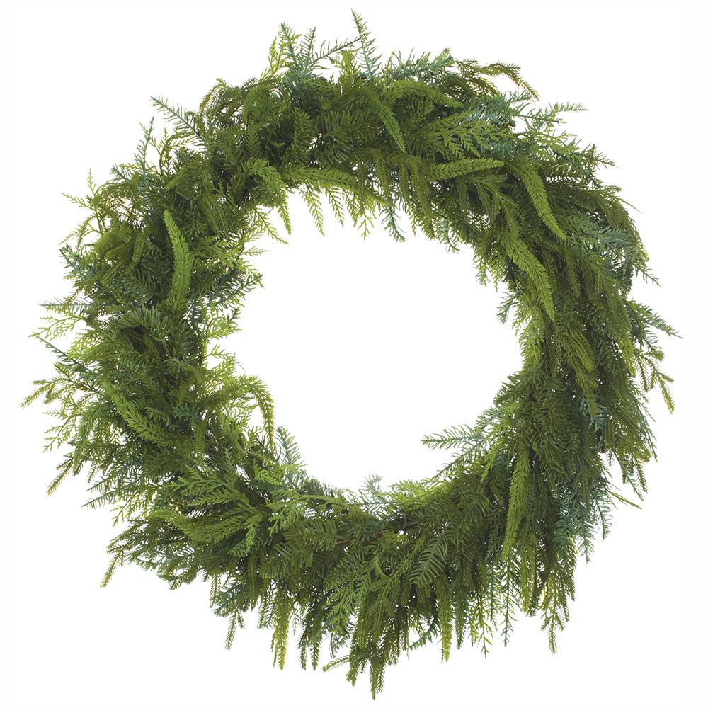 32-inch soft PE cedar and mixed pine green wreath with lush, lifelike evergreen branches.