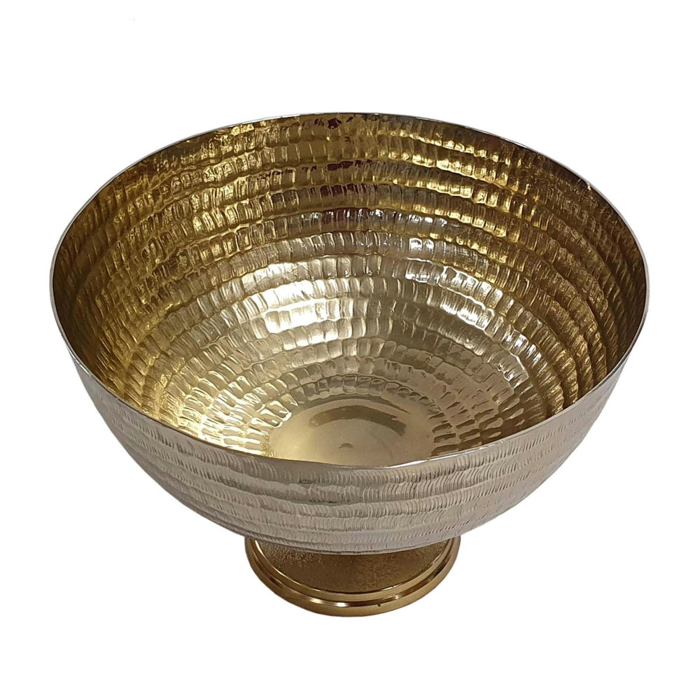 Hammered gold aluminum pedestal bowl with a textured interior and smooth circular base.