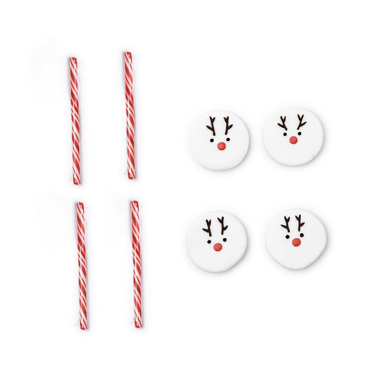 Four reindeer face marshmallow toppers and four red and white striped candy cane stirrers.