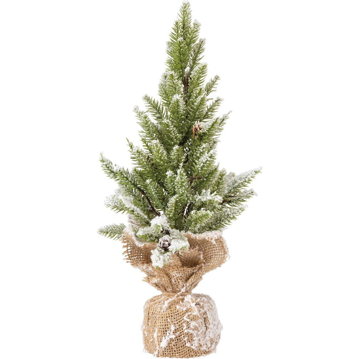 18-inch snowy artificial pine tree with a burlap-wrapped base and flocking detail.
