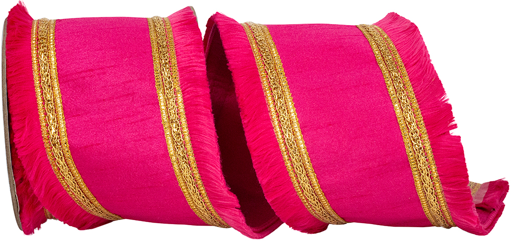Fuchsia dupioni wired edge ribbon with gold gilded trim and fringe edges.