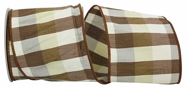 4-inch wide wired dupioni ribbon with a brown and cream checkered pattern on a 10-yard spool.