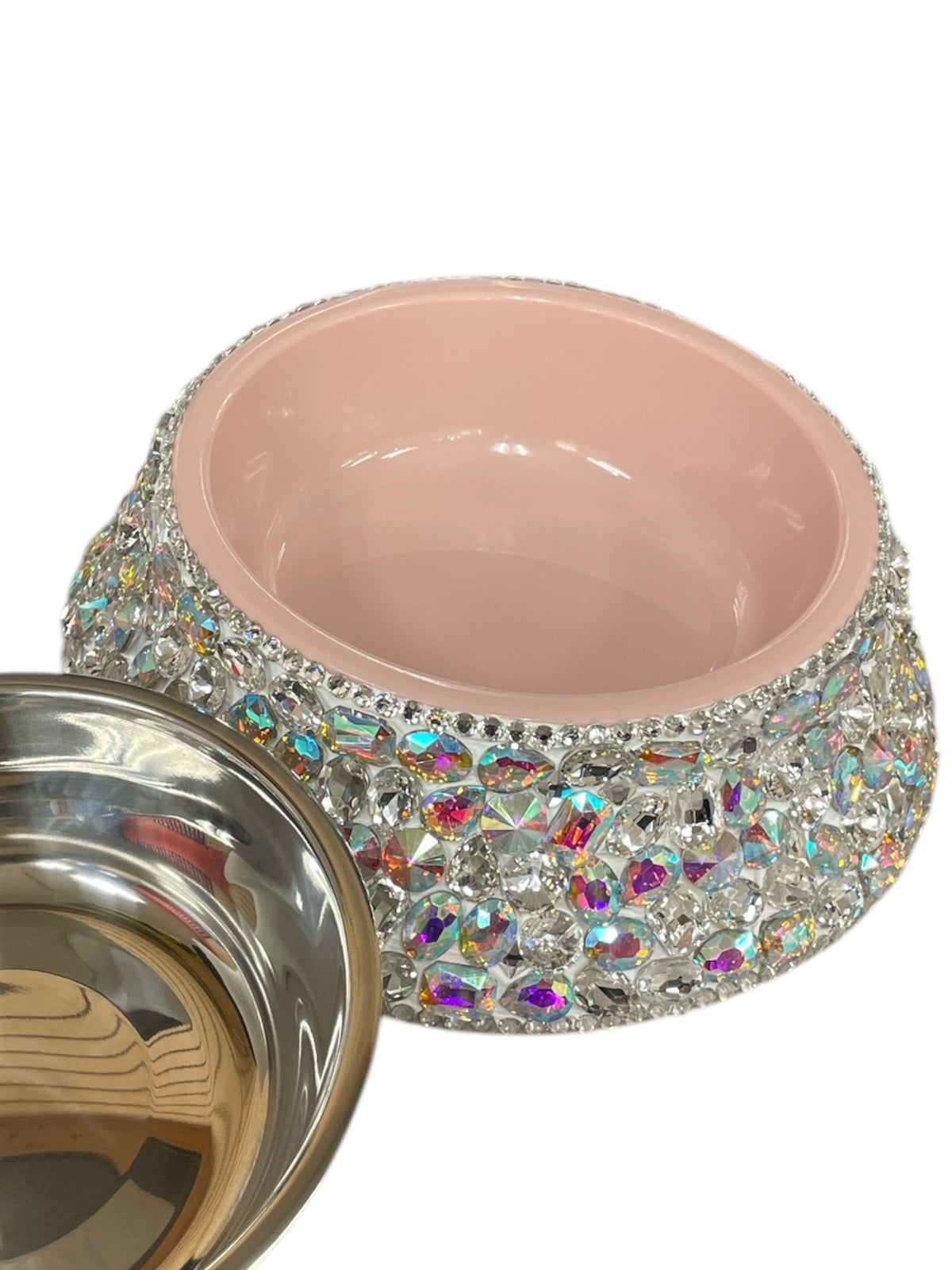 Pink pet bowl embellished with iridescent rhinestones and a removable stainless steel inner dish.