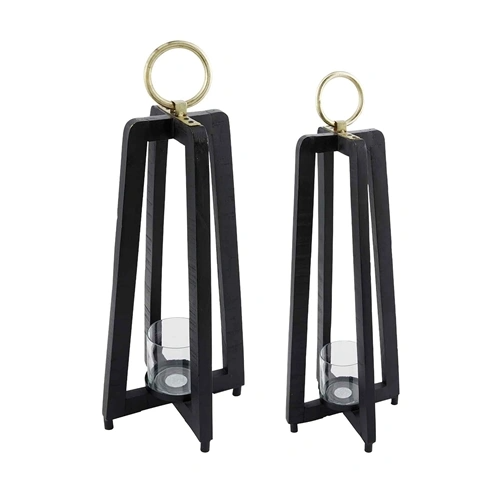 Black tall lantern made from mango wood with a cylindrical silhouette.