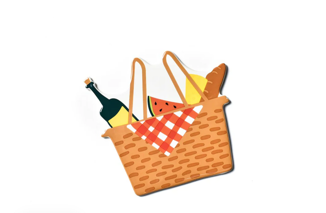 Ceramic picnic basket attachment with wine, watermelon, bread, and a red checkered cloth.