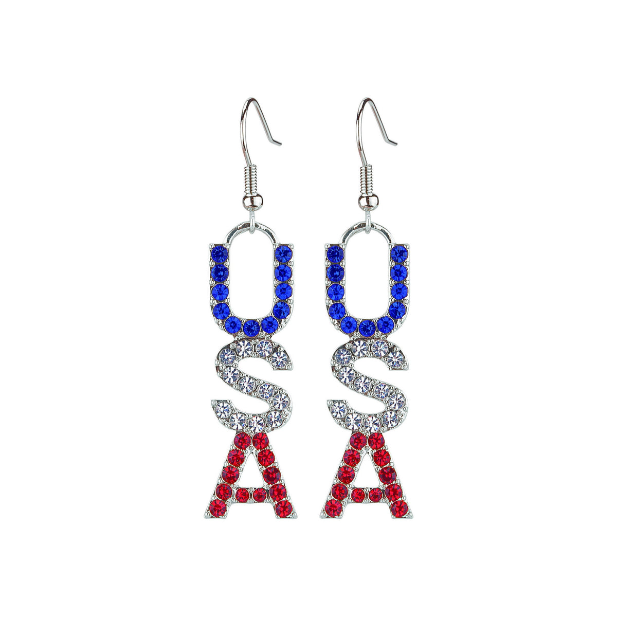 Silver dangle earrings spelling "USA" with blue, clear, and red rhinestones.