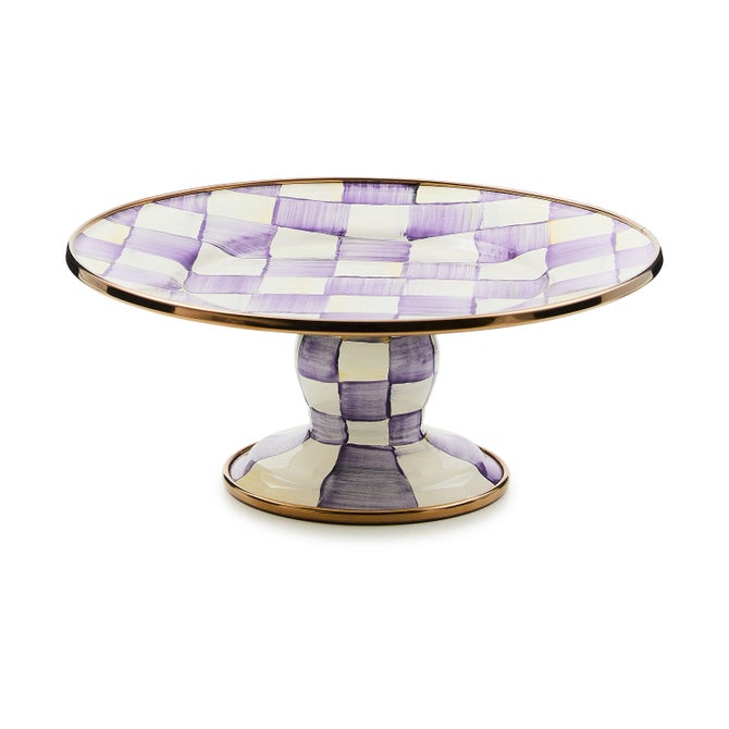 Violet check mini pedestal platter with an eight-inch diameter.