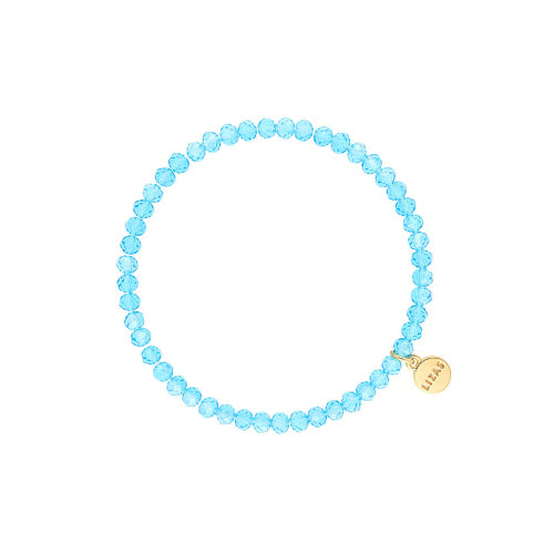 Stretchy beaded bracelet with faceted glass beads in a colorful pattern.
