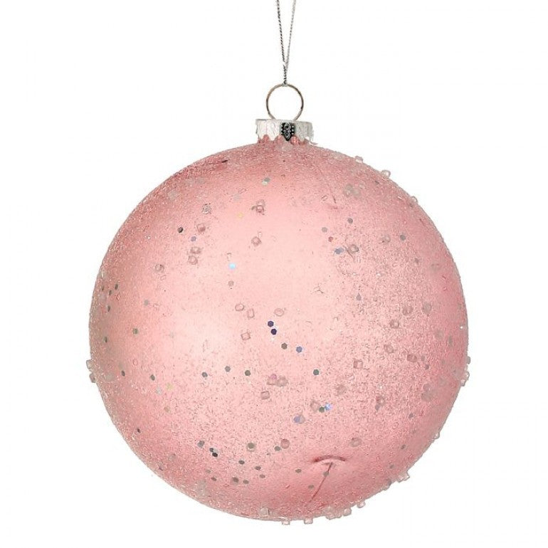 6-inch pink ice vacuum plate gumdrop ball ornament with glitter and textured bead accents.